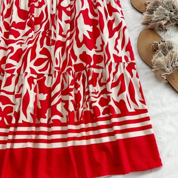 Red Boho Women's Holiday Floral Printed Strapless Skirt And Crop Top - Picture 4 of 4